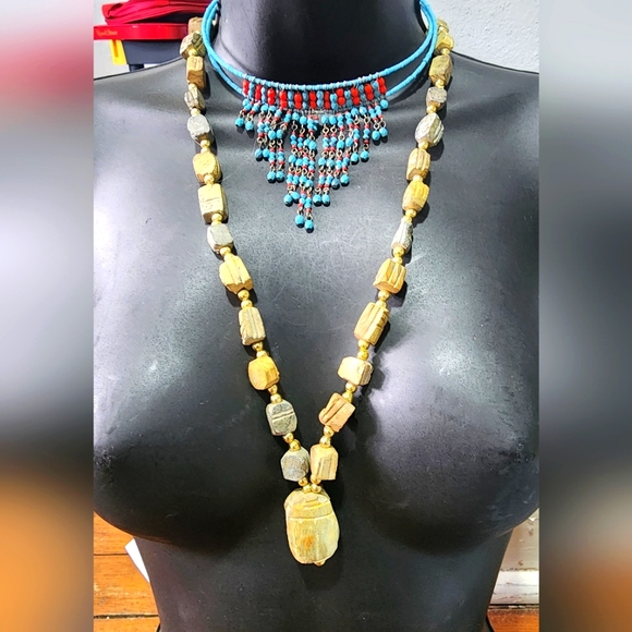Turquoise Red Beaded Boho W Carved Scarab Natual Carved Necklace Jewelry Bundle - Picture 4 of 10